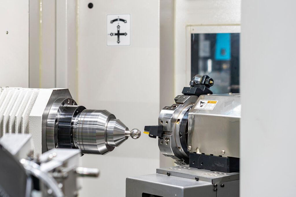 Detalhe de torno horizontal em funcionamento na indústria metalúrgica