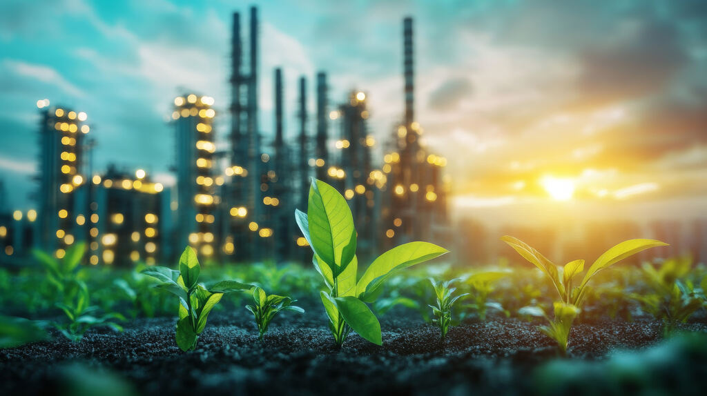 Plantas verdes crescendo diante de indústria iluminada ao pôr do sol, simbolizando sustentabilidade industrial.