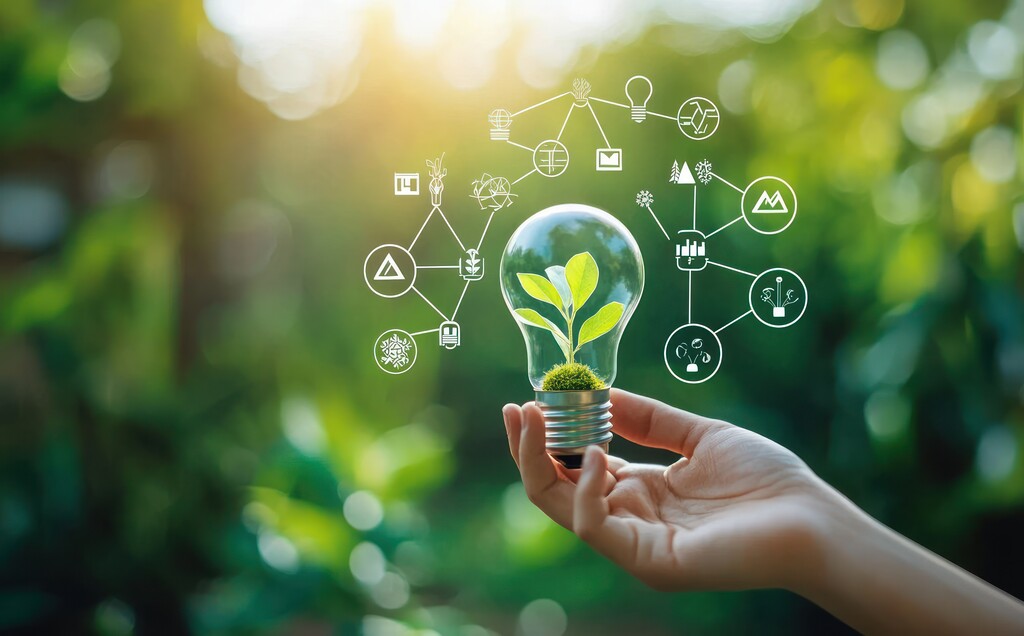 Mão segurando lâmpada com planta dentro e ícones de energia limpa ao fundo verde, representando tecnologias para eficiência energética.