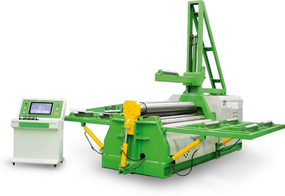 Calandra 4 rolos em cor verde, com painel de controle digital para operação eficiente e segura.