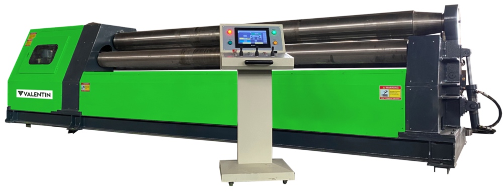 Calandra 4 rolos de tubos redondos na cor verde, com painel digital para controle industrial.