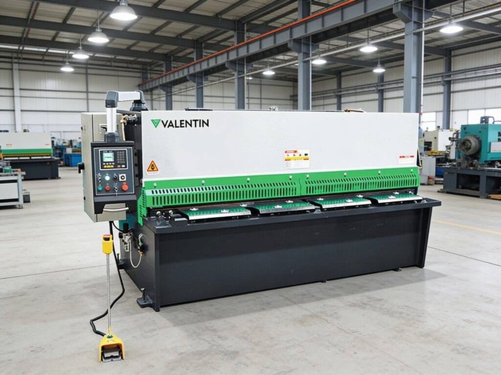 Guilhotina hidráulica industrial Valentin para corte de chapas metálicas em ambiente fabril, com sistema de acionamento hidráulico e painel de controle.
