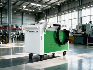 Representa&ccedil;&atilde;o de m&aacute;quina a limpeza a laser em ambiente industrial.