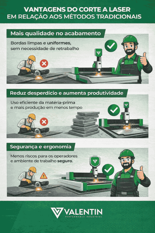 Infogr&aacute;fico mostrando vantagens das m&aacute;quinas a laser em rela&ccedil;&atilde;o aos m&eacute;todos tradicionais, com destaque para acabamento, produtividade e seguran&ccedil;a industrial.
