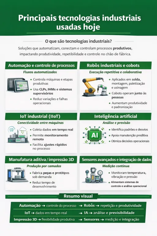 Infogr&aacute;fico educativo apresentando tecnologias industriais e seus impactos na produtividade e no ch&atilde;o de f&aacute;brica.