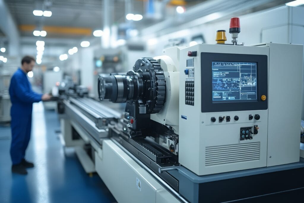 Equipamento CNC industrial com tela de controle exibindo programa de usinagem em ambiente fabril.