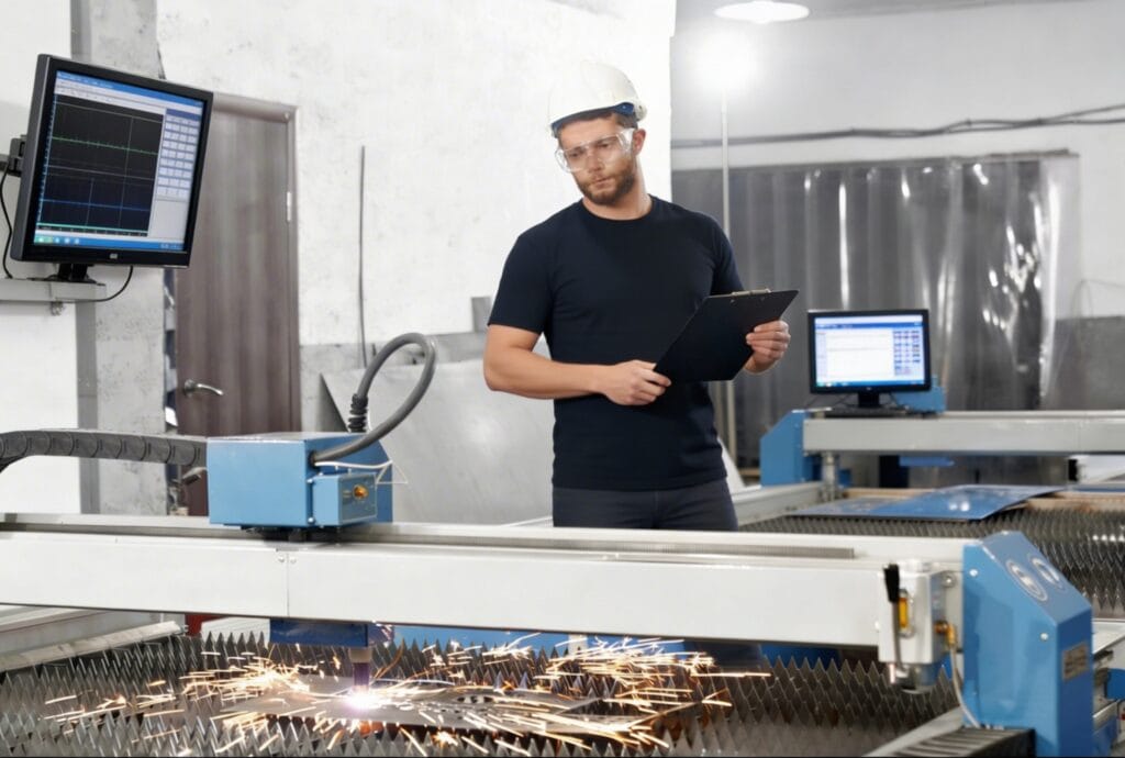 Operador utilizando painel de controle e computador para programar máquina CNC de corte a laser.