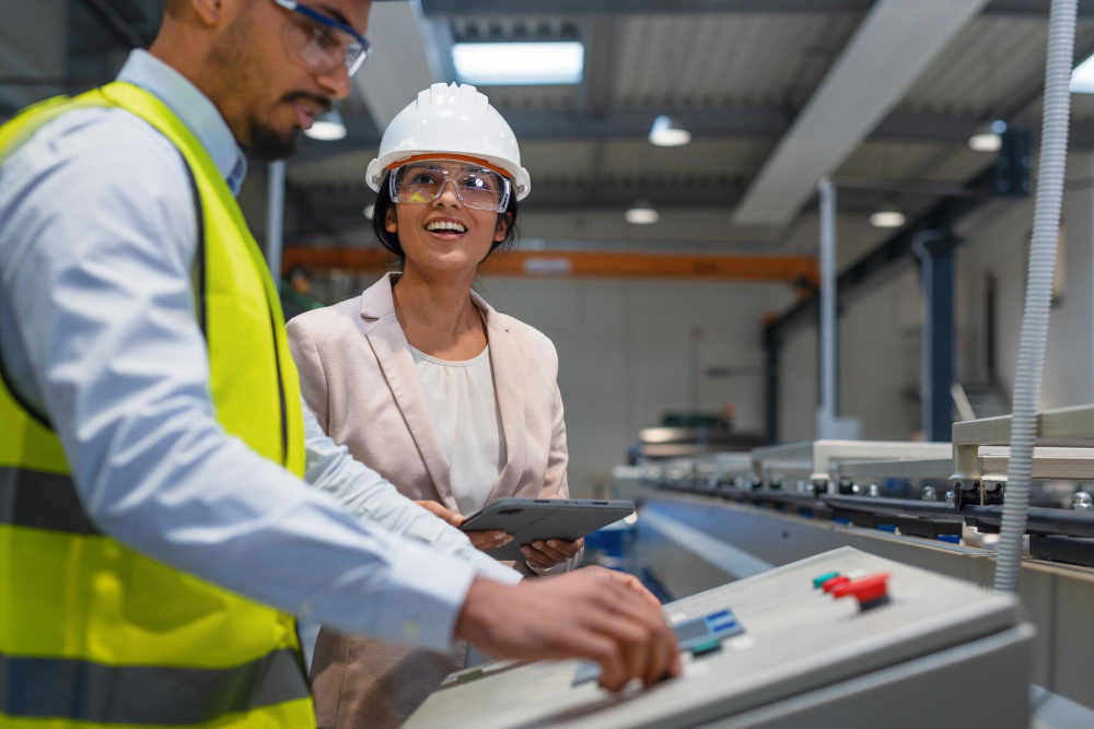Profissionais utilizando painel de controle em ambiente industrial, representando tecnologia aplicada &agrave; produ&ccedil;&atilde;o enxuta e otimiza&ccedil;&atilde;o de processos.