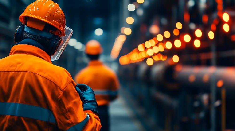 trabalhador com equipamentos de prote&ccedil;&atilde;o operando m&aacute;quinas industriais conforme NR-12